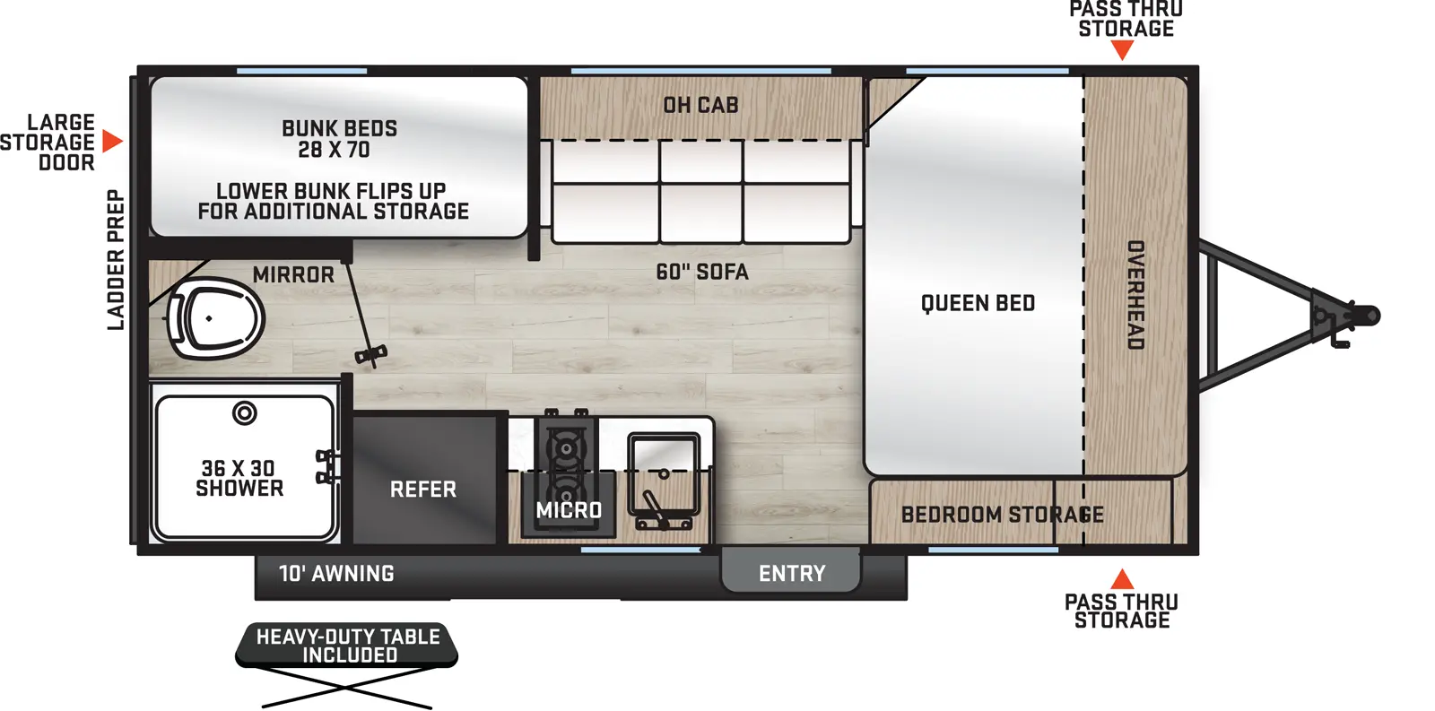 The 164BH has no slide outs with one entry door. Exterior features a front pass-through storage, rear off-door side storage, 10 foot awning, and heavy-duty table. Interior layout from front to back: side facing queen bed with cabinets overhead and bedroom storage on door side; off-door side sofa with overhead cabinet; door side entry, sink, overhead cabinet, microwave and refrigerator; rear door side bathroom with shower and toilet only; rear off-door side bunk beds. 